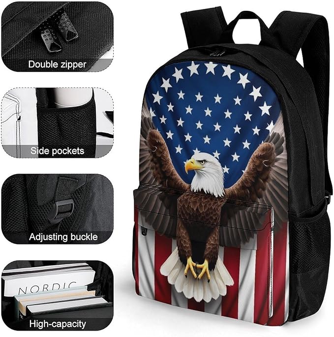 Supdreamc Shoulder Book Bags Polyester Multipurpose Anti-Theft American Eagle Flag Carry On Bag Large Capacity Travel Hiking Camping Rucksack