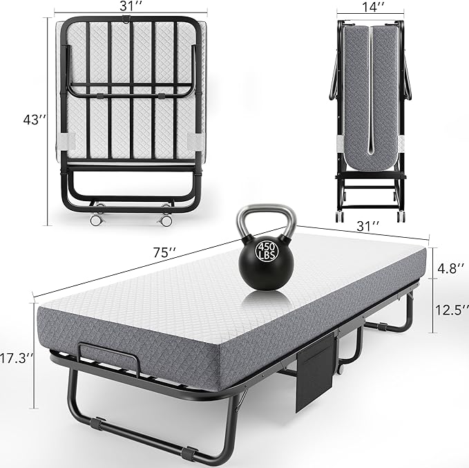 Folding Bed with Memory Foam Mattress, 75" x 31" Cot Size Portable Foldable Bed with Movable Wheels, Space-Saving Sturdy Metal Frame, Twin Rollaway Bed for Adults for Guest Room, Apartment, Camping