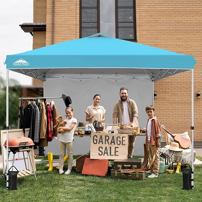 EAGLE PEAK Pop Up Canopy Tent with 1 Sidewall, Easy Setup Event Tent, Outdoor Sun Shade, Wheeled Carry Bag, Stakes and Guy Ropes, Instant Canopy 10x10, Light Blue