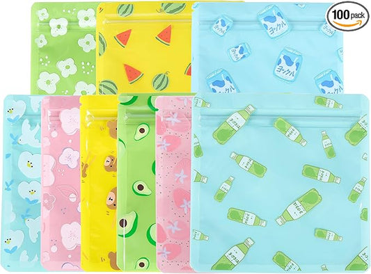 QQ Studio 100 PCS Clear Print Poly Plastic Color Empty Hangover Starter Kit with Resealable Zipper Seal Lock (Assorted, 4.33 inch x 3.94 inch)