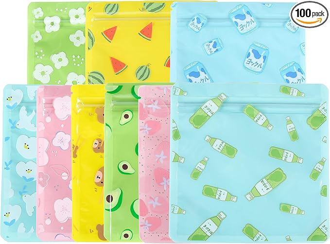 QQ Studio 100 PCS Clear Print Poly Plastic Color Empty Hangover Starter Kit with Resealable Zipper Seal Lock (Assorted, 5.12 inch x 5.12 inch)