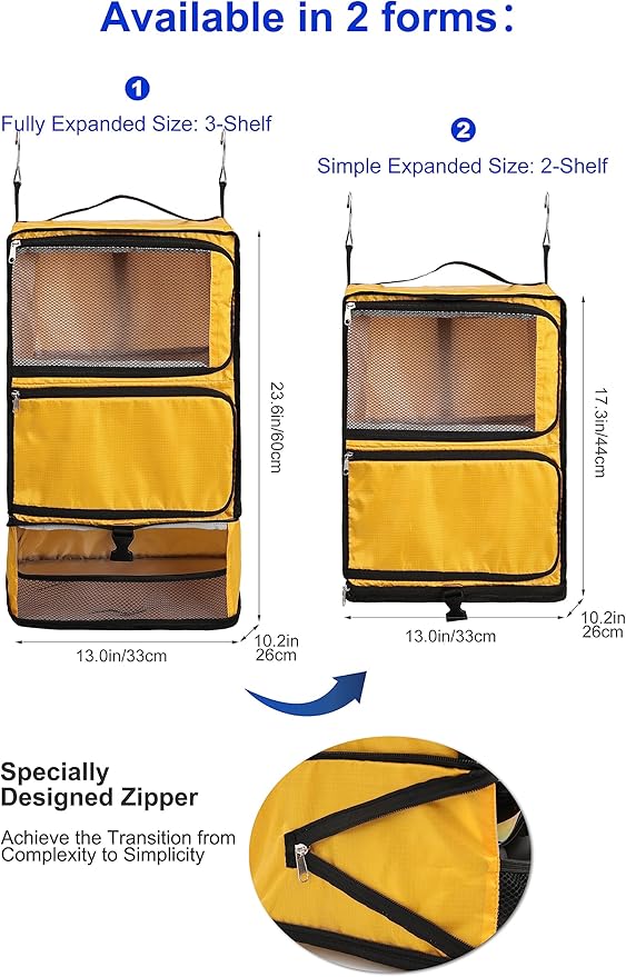 ELEZAY Hanging Packing Cubes Portable Closet 3-Shelf Travel Collapsible Compression Garment Organizer for Carry-on Luggage Suitcase Space Saver Bag X-Large_No Side Pockets, Yellow