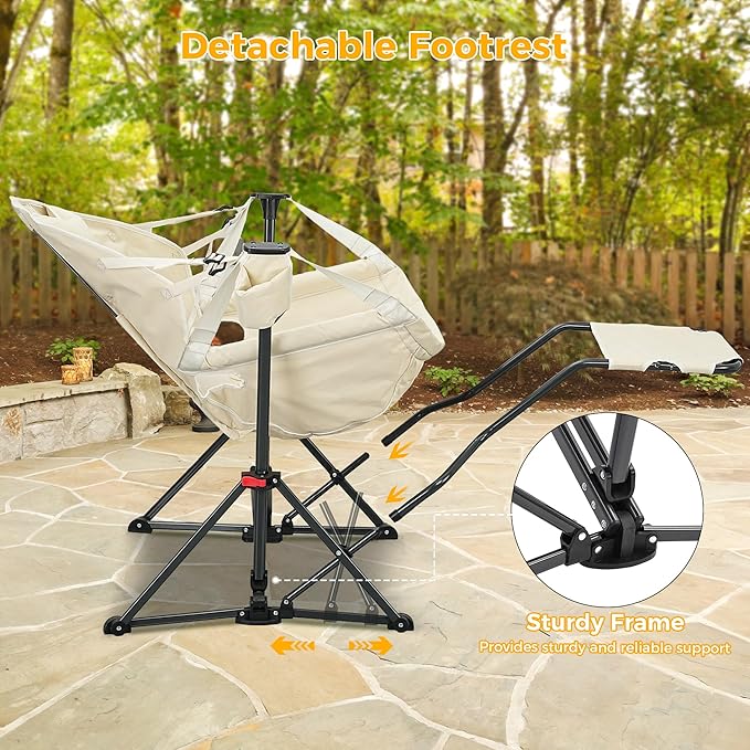 Ainfox Hammock Camping Chair with Footrest, Foldable Portable Rocking Chairs for Adults Outside Swinging Camp with Cup Holder Pillow for Outdoor Patio Poolside (Beige)