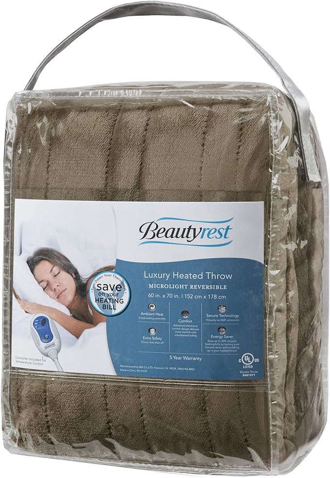 Beautyrest Heated Electric Blanket for Cold Weather, Fast Heating Heated Blanket, Auto Shut Off, Virtually Zero EMF, Multi Heat Setting, UL Certified, Mink Throw (60 inx70 in)