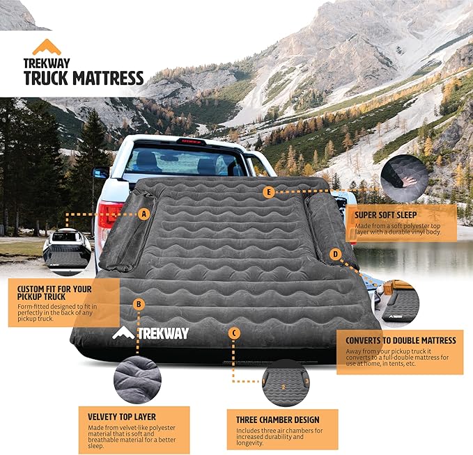 Offroading Gear Truck Bed Air Mattress | 5.5ft to 5.8ft Truck Box | Trekway | F150 | Ram 1500 | Silverado | Tundra | Titan | Converts to Full Double Size Bed | Inflatable Blow Up