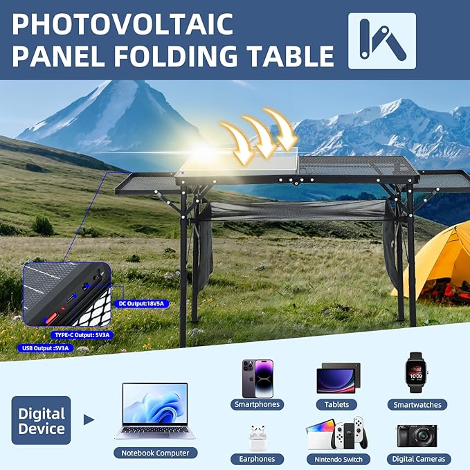 CDEN Camping Table, Grill Table, Folding Outdoor Table with Charging Station, Solar Panel, USB Type-C DC outlets, for Phone provided, 42W Output, 2 Side Shelves, mesh net, Cup Holder