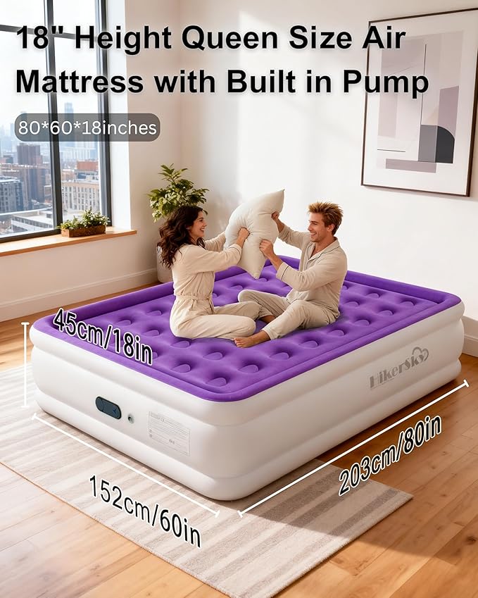 Queen Air Mattress with Built in Pump, Inflatable Mattress for Home, Blow up Air Bed 3 Min Quick Inflation and Deflation, Thin Velvet Top, 18'' Queen Size Purple