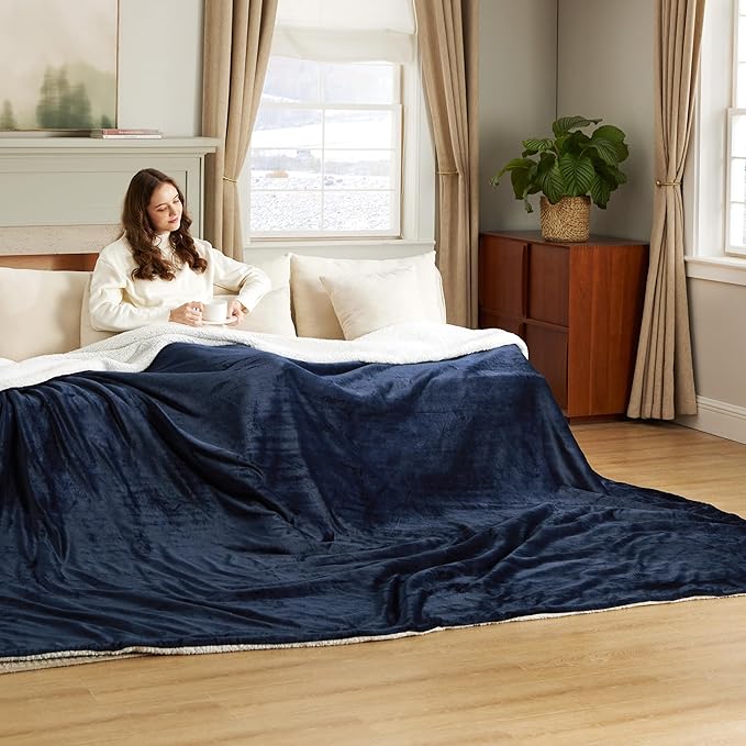 Bedsure GentleSoft Sherpa Fleece Oversized Cal King Blankets for Bed - Thick and Warm, Soft Fuzzy Plush Large Blanket for Winter, Navy, 112x98 Inches