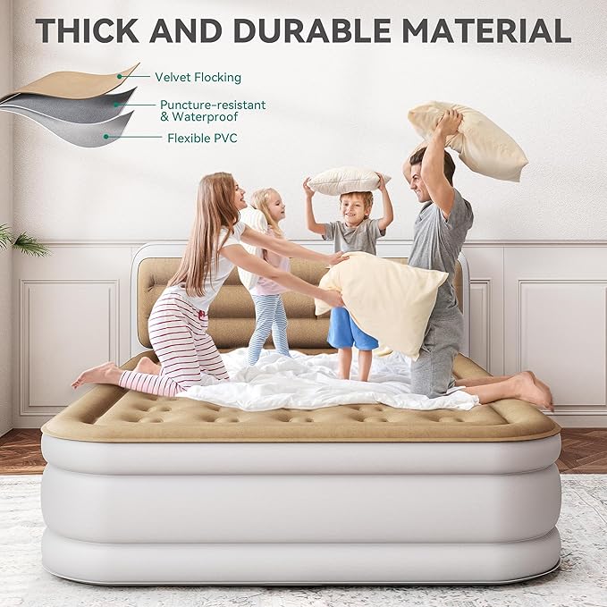 YITAHOME Queen Size Air Mattress with Pump and Banded Headboard, 18in Luxury Flocked Top Blow up Mattress, Durable Inflatable Mattress for Home & Guests, Brown AirBed