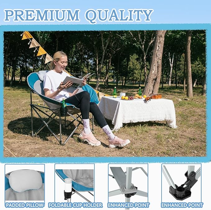 #WEJOY Folding Camping Chair Oversized Moon Chairs for Adult Support Up to 300lbs Mesh Saucer Chairs with Headrest and Cup Holder for Camping,Lawn,Hiking,Picnic,Sports(Cyan/Grey)