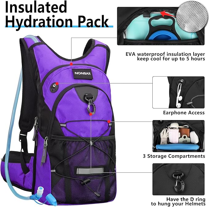 NONSAR Hydration Backpack, Hiking Backpack with 3L Water Bladder, Insulated Water Backpack for Women, Men, Kids, Keep Liquids Cool Up to 5 Hours, Daypack for Hiking, Running, Climbing, Cycling
