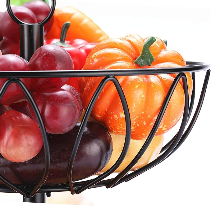 Rice rat Fruit Stand Vegetables Basket Counter Top Fruit Basket Bowl Storage for Kitchen Home Metal Cast Iron (2 Tier-Black)