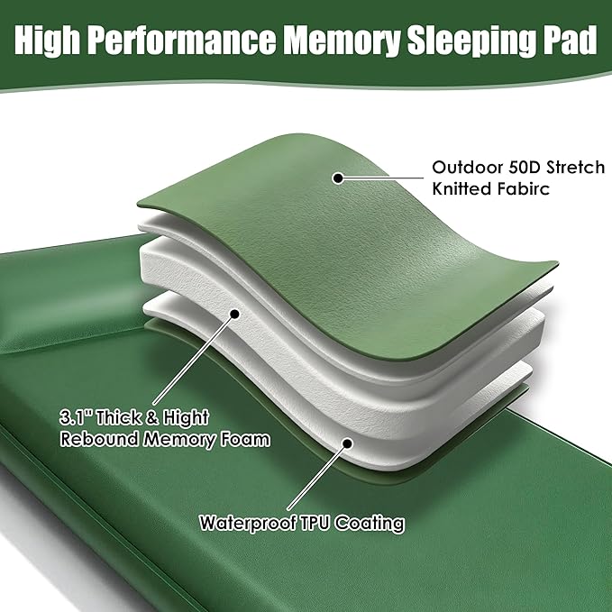 Memory Sleeping Pad, 3.1" Self Inflating Sleeping Pad for Camping, Easy Inflate & Deflate, Portable Foam Mattress with Pillow, 9.5 R-Value Insulated Sleeping Mat for Backpacking, Car, Travel, Tent