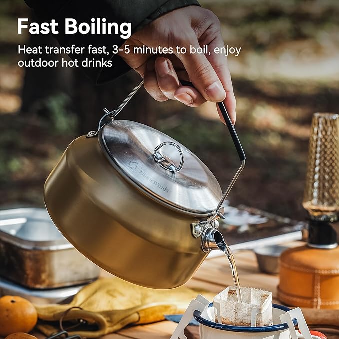 Thous Winds 1L Camping Kettle, Portable Camp Tea Coffee Pot, Lightweight Stainless Steel Teapot, Fast Heating Boiling Water, for Outdoor Campfire Hiking Camping Picnic