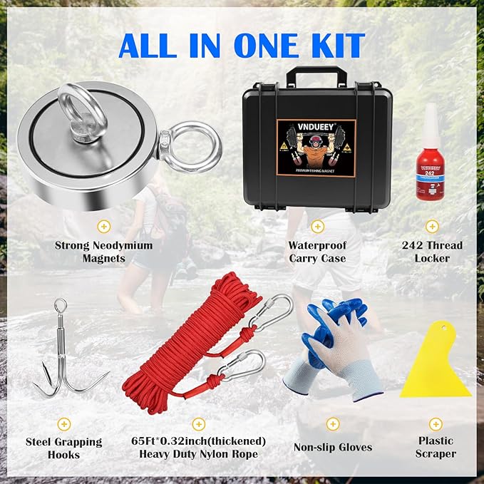 VNDUEEY 1725 Lbs Complete Magnet Fishing Kit, Fishing Magnet Kit with Carry Case, Heavy Duty 65FT Rope, Grappling Hook, Gloves & Locking Carabiner - Strong Magnets for Treasure Hunting