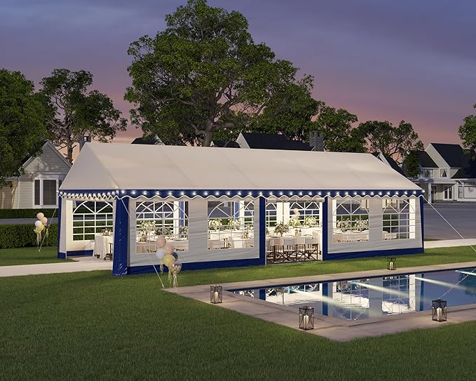 AMERLIFE 16 x 32 FT Party Tent with Rolled Sidewalls, Heavy Duty Wedding Tent for Party Outside with Zinc Alloy Tube & Spiral Stakes, Waterproof Event Shelters, White & Blue