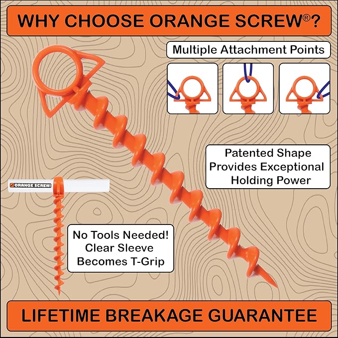 Ultimate Ground Anchors: Heavy Duty Screw-in Tent Stakes for High Wind, Sand, Canopies, and Camping - Made in USA, Included T-Grip Tool - (Large, Single Pack, Orange)