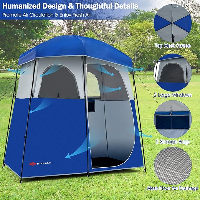 Goplus 2 Room Shower Tent, Portable Camping Changing With Floor Drain, Detachable Rain Fly, Stakes & Ropes, UV Protection, Water Resistant Privacy for Outdoor Toilet, Dressing (Blue)