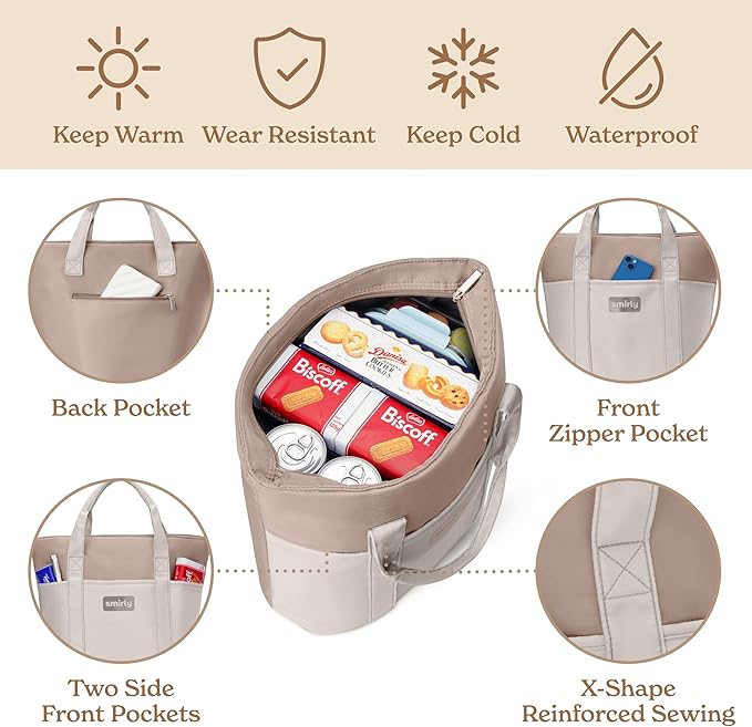 SMIRLY Large Insulated Cooler Bag, Thermal Insulated Grocery Bags, Collapsible Cooler Tote for Travel,Beach or Picnic