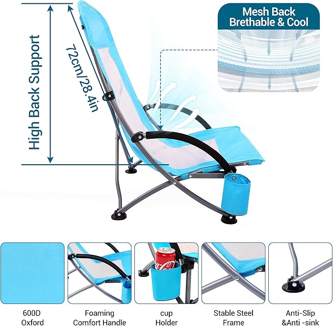 Beach Chairs Beach Chairs for Adults Folding Camping Chair with High Mesh Back w/Carry Bag and Cup Holder, Portable Lightweight for Outdoor, Beach, Camping, Picnic (2-Pack Blue)