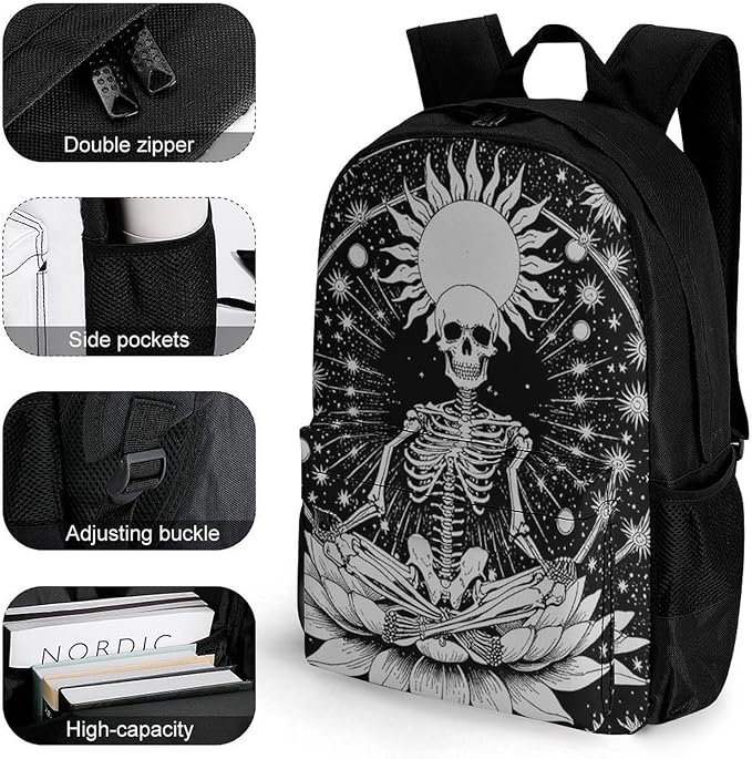 Daypack Backpack Polyester Anti-Theft Multipurpose Seven Star Meditation Skeleton Skull Black Bookbag Big Capacity Travel Hiking Camping Rucksack With Smooth Zippers