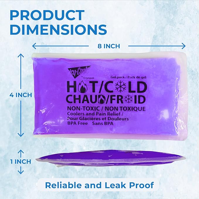 ICY-COOLS 3 Pack Reusable Hot or Cold Gel Ice Packs for Injuries, Multipurpose Ice Packs for Lunch Boxes, Long-Lasting Cold Therapy for Pain Relief, 4 x 8 Inches (Purple)