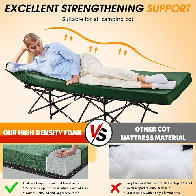 CYMULA Camping Cot Mattress 3in Memory Foam Sleeping Pad,Soft Warm Non-Slip Camping Mattress Topper with Retaining for Adults,Portable Roll up Pad for Travel