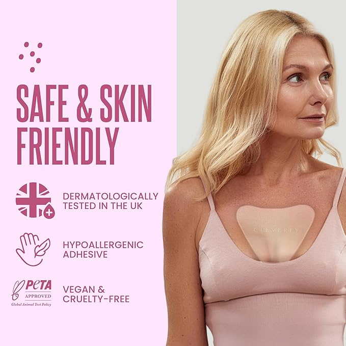CLEVERFY Silicone Chest Wrinkle Patches for Side Sleeping – Reusable Décolleté Anti-Wrinkle Chest Pads for Overnight Line Prevention (2 Pack, V-Shape)
