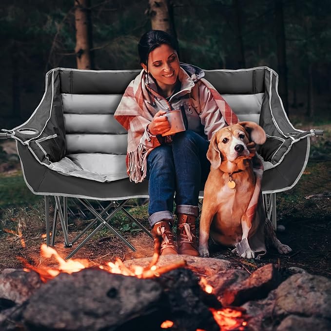 DoCred Double Camping Chair - Oversized Loveseat, 2 Person Camping Chair for Adults Heavy Duty,Two Person Folding Chair with Cup Holder, Supports up to 500 LBS for Outside Picnic Beach Travel