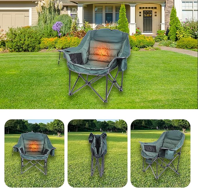 Heated Camping Chair, XL Padded Chair with Cooler, Cupholder & Carry Bag, Heavy Duty for Outdoor Activities (1 Pack)