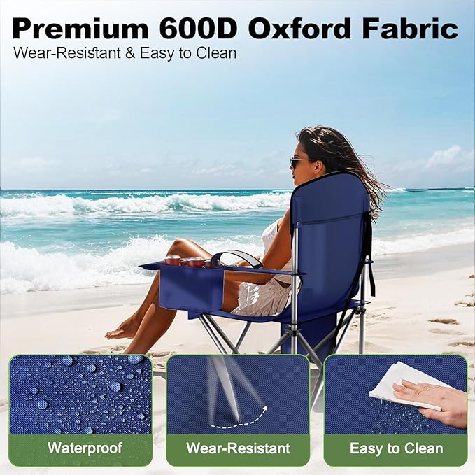 Folding Camping Chairs Durable 600D Oxford, Portable Outdoor Chair with Cooler Pouch, Cup Holder & Storage Pocket for Camping, Beach, Fishing