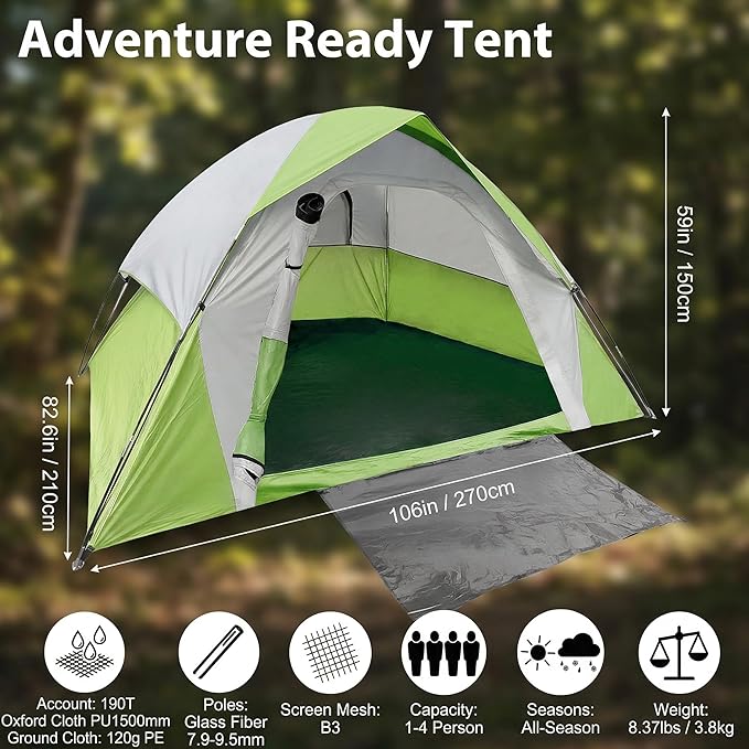 XL 4 Person Dome Camping Tent, Double Layer Waterproof, Removable Rain Fly, for Outdoor Hiking, Fishing