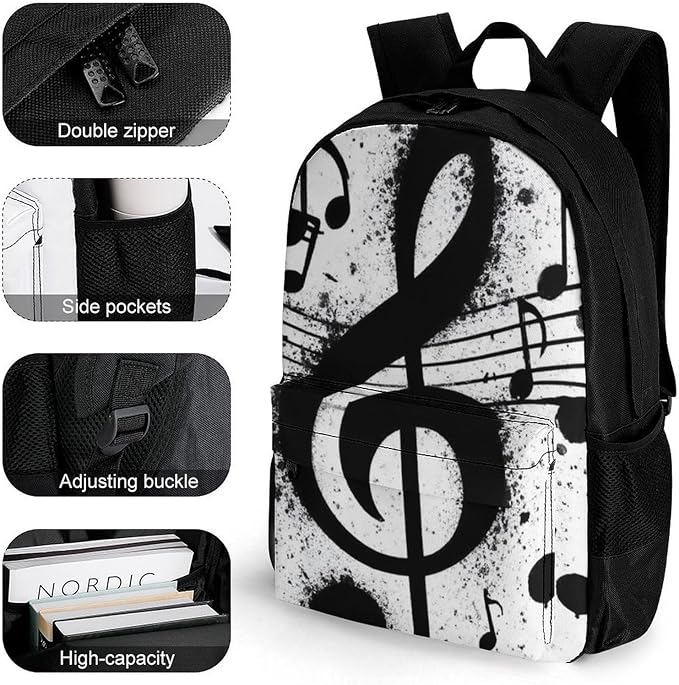 Lightweight Rucksacks for Camping Picnic Walking Cycling, Large Capacity Multipurpose Anti-Theft Carry On Bag, Gunge Black And White Music Notes Travel Hiking Camping Rucksack
