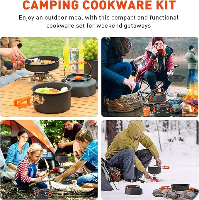 Camping Cookware Camping Cooking Set, Non-Stick Pots and Pans with Kettle, 2 Stainless Steel Plates, 2 Water Cups, 2 Sets of Knives and Forks, Spatula, Dish Towel, Backpack Storage Bag