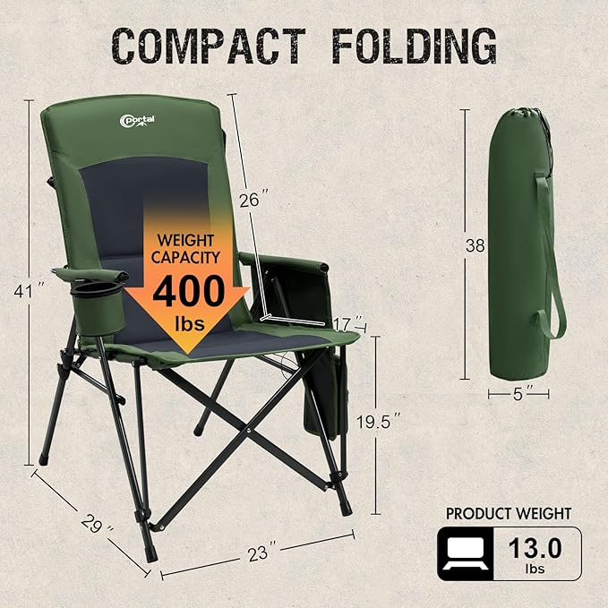 Portal Heated Camping Chairs for Adults Outdoor Sports Oversized Folding Lawn Chair with High Back, Heavy Duty 400 Lbs, Battery Not Included, Green