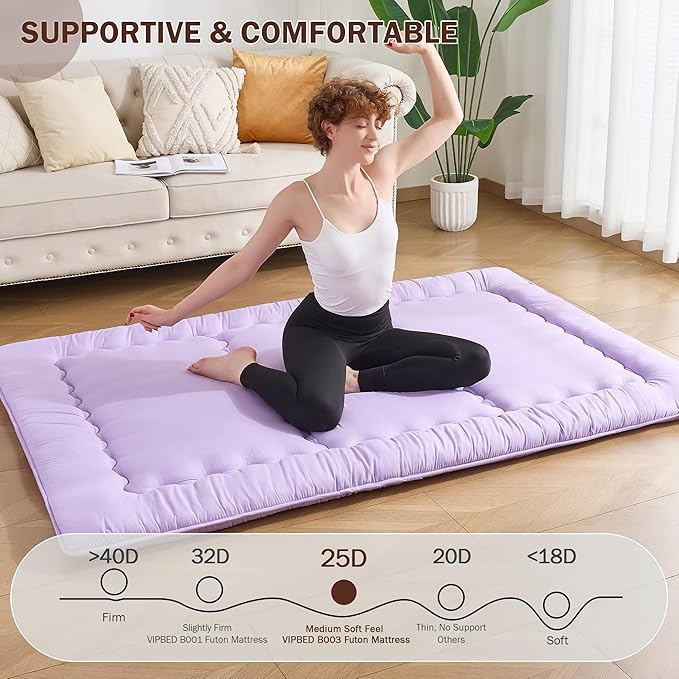 Japanese Floor Futon Mattress Queen Size, 4" Thicken Foldable Mattress Tatami Mat Sleeping Pad, 25D Foam Filled Traditional Shiki Futon (shikibuton), Designed in Japan (Purple 60"x 80")