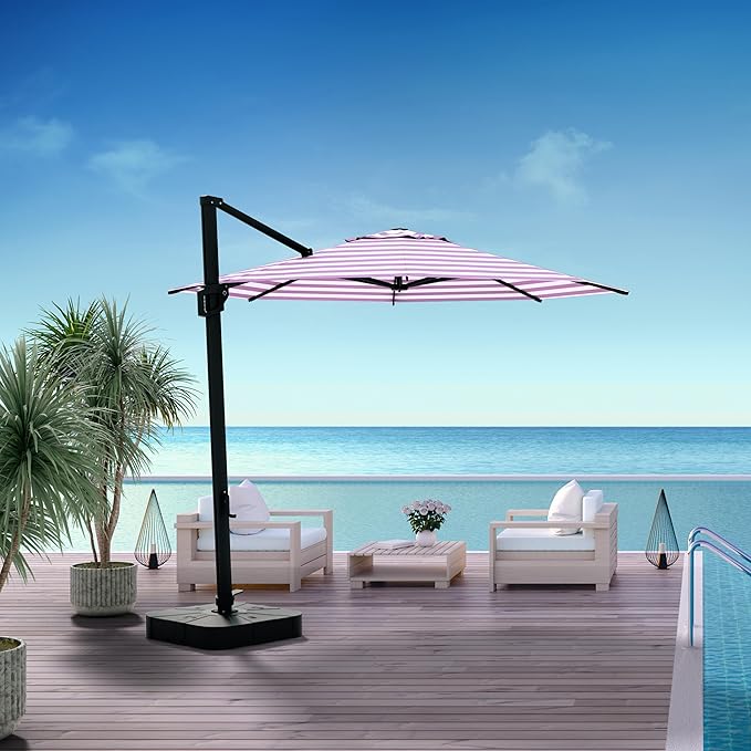Midtown Umbrellas 10 Ft Outdoor Cantilever Patio Umbrella w/Terylast Midtown Stripes Fabric - Tilt 360° Offset Patio Umbrella, Deck Patio Umbrella, Backyard Umbrella & Garden Umbrella - Black Frame