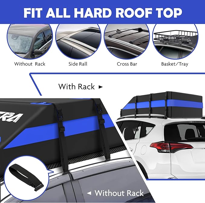 Rooftop Cargo Carrier Roof Bag,100% Waterproof,15 Cubic Feet for All Vehicle with/Without Rack,Includes Anti-Slip Mat+10 Straps+6 Door Hooks+6 Extension Straps+Soft Roof Top Luggage Lock