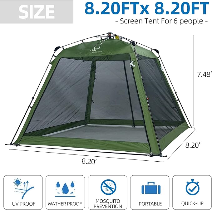 Pop Up Screen House Gazebo 8.2'x8.2'x75'', 4-6 Person Portable Screen Room with Sun & Insect Protection, Sturdy Frame Foldable Outdoor Canopy for Backyard, Camping, Park, Garden,Backyard-Olive Green