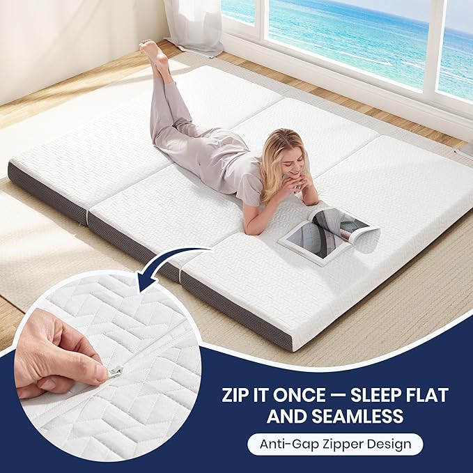 Hanherry 4 Inch Foldable Mattress Single Size, Tri-Folding Portable Memory Foam Topper Floor Bed with Storage Bag, Washable Cover for Travel, Camping, RV, Guest