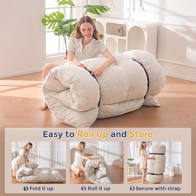 MAXYOYO Floor Mattress Full Size, 6" Chenille Japanese Futon Mattress Foldable Floor Bed for Adults Tufted Roll Up Floor Couch Bed, Tatami Mat Sleeping Pad for Living Room, Bedroom, Beige