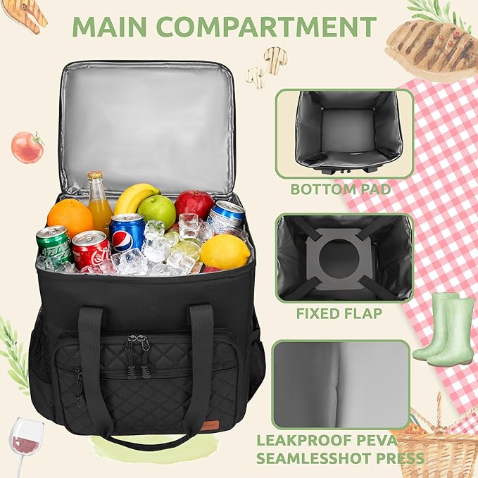 31L Large Insulated Cooler Bag for Men or Women, Double Layer Soft Cooler Bag for Picnic, Camping, Beach, Travel, Food & Drinks, Black