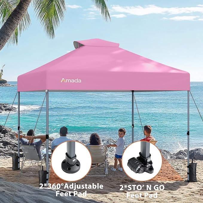 Amada 10x10 Pop Up Canopy - Center Lock One Push Instant Setup Gazebo Outdoor Canopy Beach Tent with STO-N-Go Bag 8 Stakes & 4 Sand Bags, 3-Height Adjustable Shade Shelter (10x10ft, Pink)