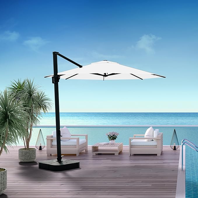 Midtown Umbrellas 10 Ft Outdoor Cantilever Patio Umbrella w/Terylast Ivory White Fabric - Rotate Tilt 360° Offset Patio Umbrella, Deck Patio Umbrella, Backyard Umbrella & Garden Umbrella - Black Frame