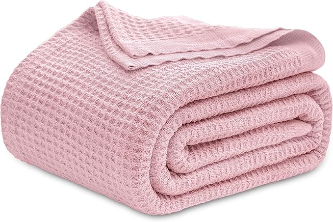 Bedsure Gentlesoft 100% Cotton Blanket King Size for Bed - Breathable and Soft, Waffle Weave Blanket for Summer, Thick Cozy Fall Blankets for Women Gift, Pink, 104x90 inches