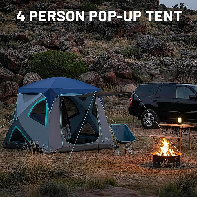 TIMBER RIDGE Camping Tent, 4 Person Instant Pop Up Hub Tent with 8 Windows, Easy 60 Second Setup, Weather Resistant Family Cabin Tents with Rain Fly for Camping, Hiking, Outdoor Travel
