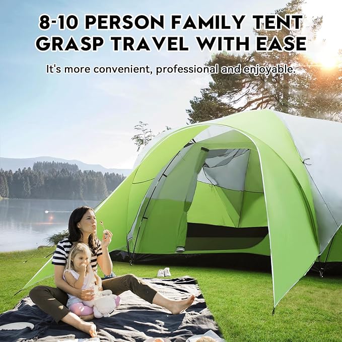 8-10 Person Family Camping Tent with Porch, Easy Setup for Outdoor Camping Picnic Backyard