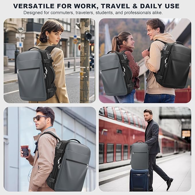 POSO Vacuum Backpack Travel – 60L Expandable Vacpack Backpack with Vacuum Pump/TSA Lock/Laptop Compartment (Fits 17"), Water-Resistant Compression Bag for Flight & Business (Grey)