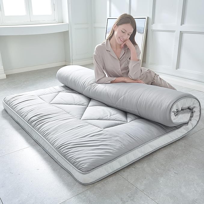 Japanese Floor Mattress, Thicken Foldable & Portable Roll up Camping Mattress with Dust-Proof Cover, Grey, Twin