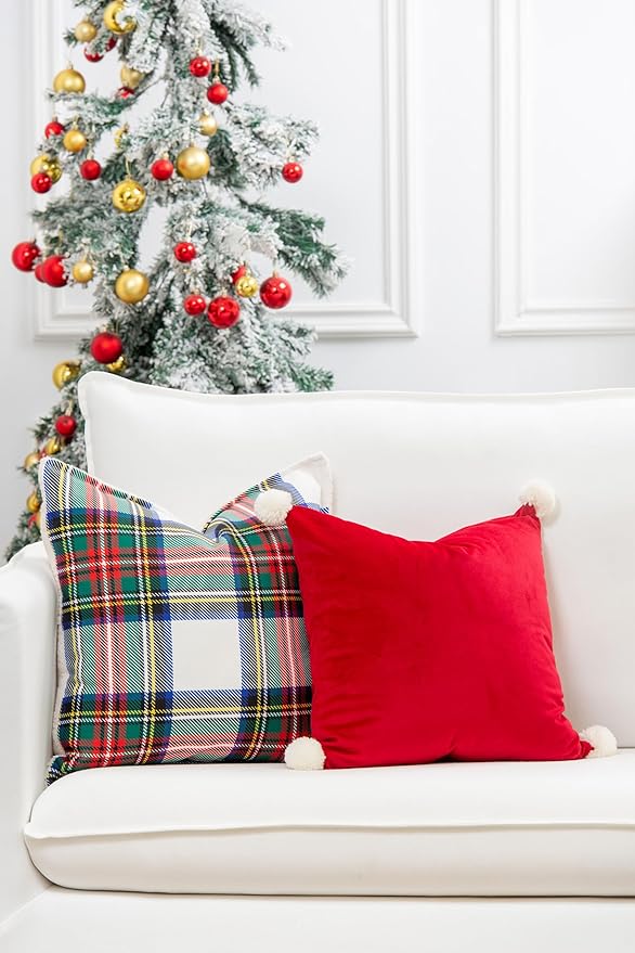 Hofdeco Premium Christmas Holiday Winter Soft Velvet Decorative Throw Pillow Cover ONLY for Couch, Sofa, Bed, Red Solid with pom poms, Red, 18"x18"